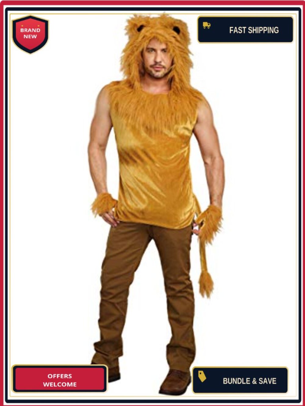 Gold Stretch Velour Lion Costume Top Faux Fur Hood Tail Gloves Halloween